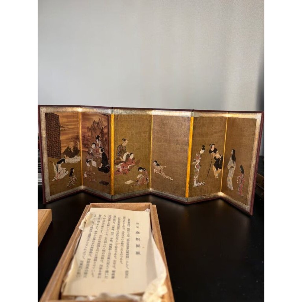 Japanese Miniature Byobu Folding Screen Hikone Reproduction Wood Box and Card